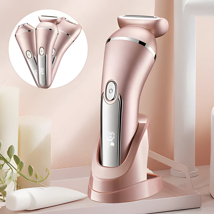 Women's 3-in-1 waterproof electric shaver for smooth skin, wet/dry use, USB rechargeable hair removal.