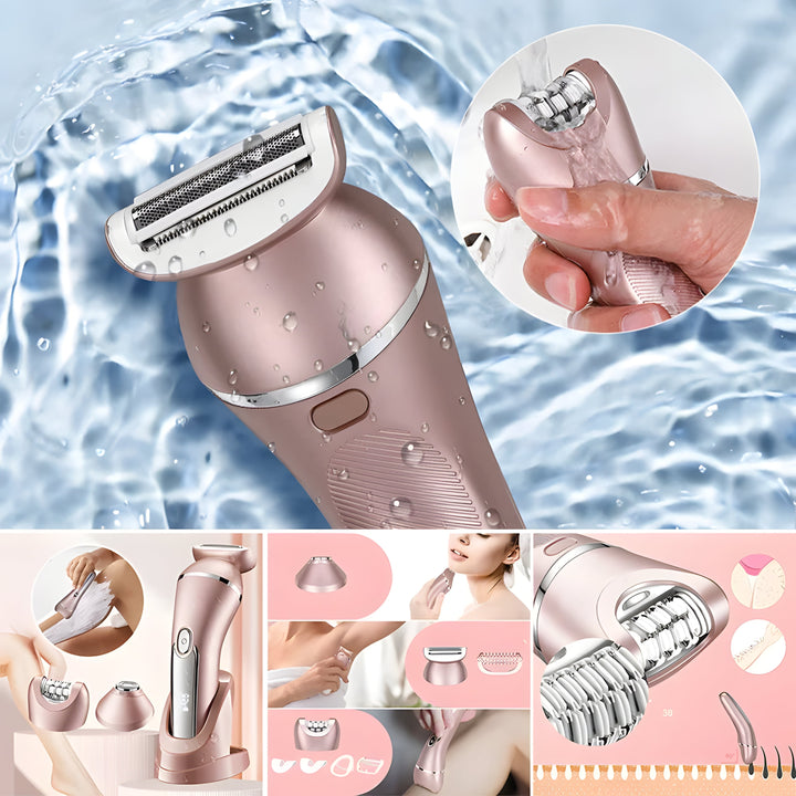 Women's electric shaver with epilator, trimmer, and bikini trimmer heads for versatile hair removal.