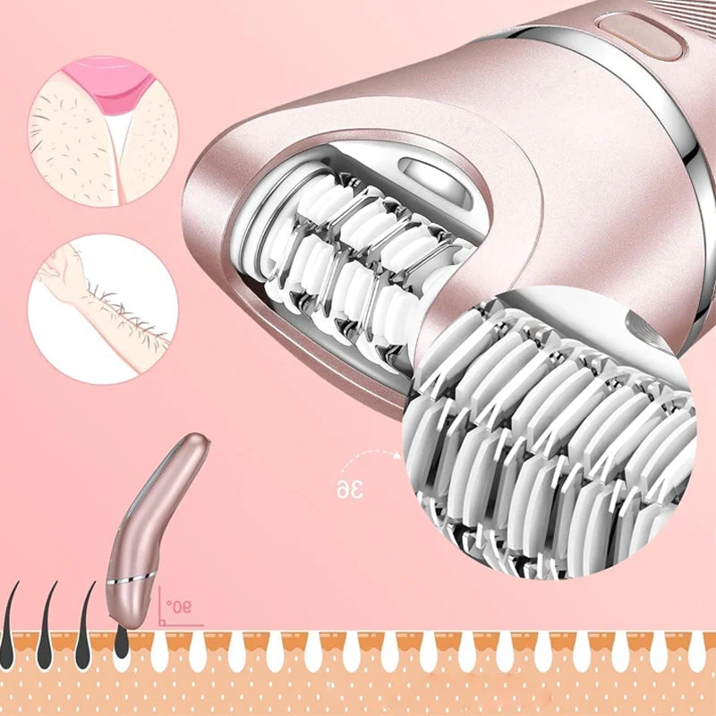 USB rechargeable women's 3-in-1 electric shaver for full body hair removal. Waterproof for shower use.