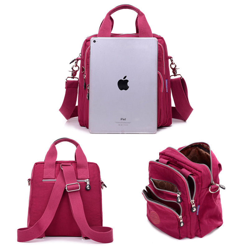 Multifunctional women's backpack, waterproof nylon, easily converts to shoulder or crossbody bag.