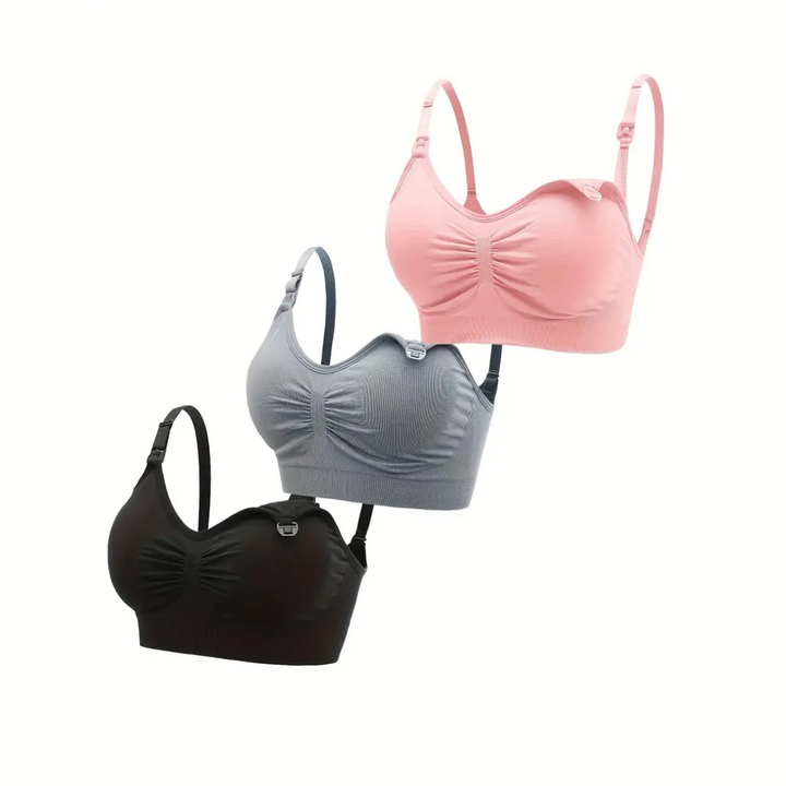 Supportive women's breastfeeding bra 3-pack for comfortable maternity and postpartum wear. Soft fabric.