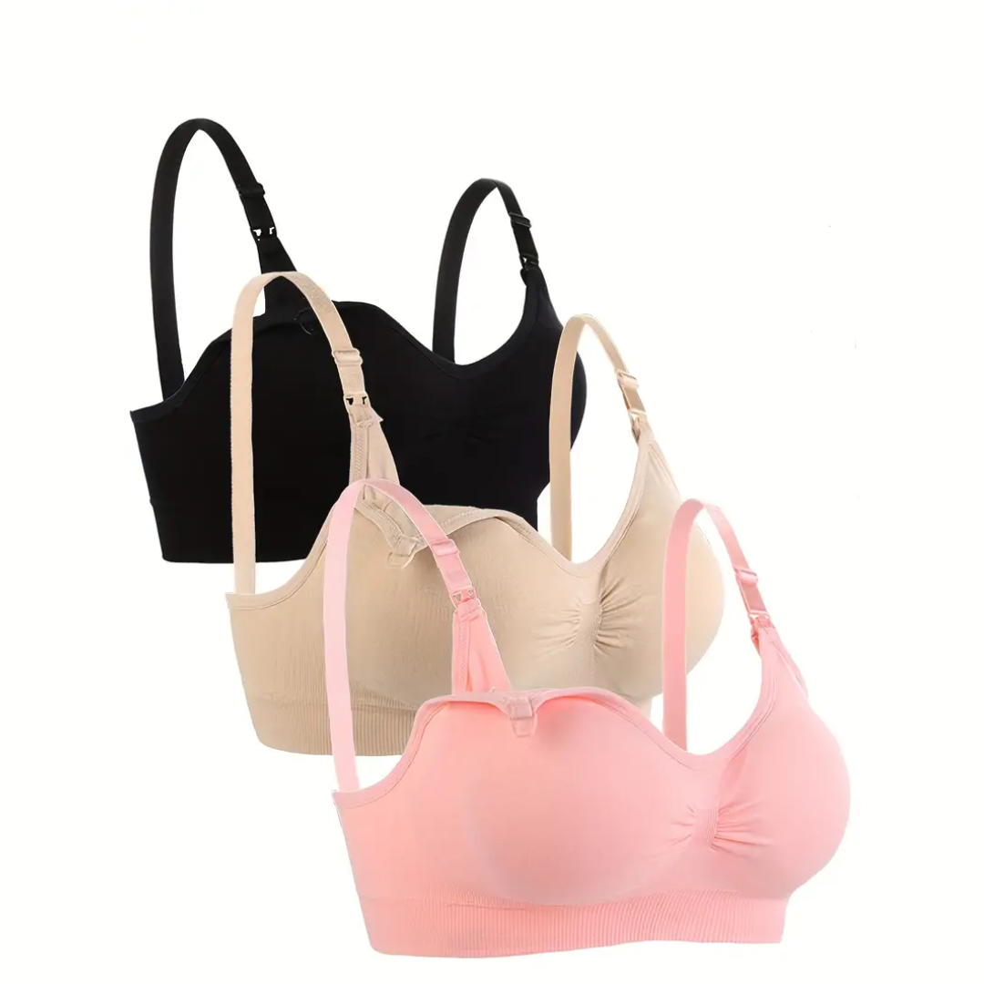 Soft, seamless 3-pack nursing bras offering comfortable support for women during maternity and breastfeeding.