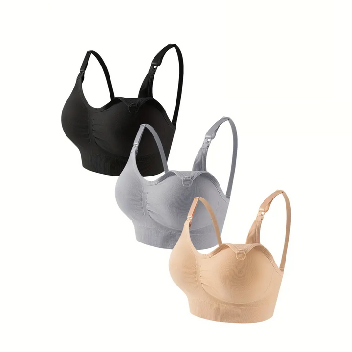 Set of 3 comfortable women's nursing bras. Seamless design for soft, supportive maternity & postpartum care.