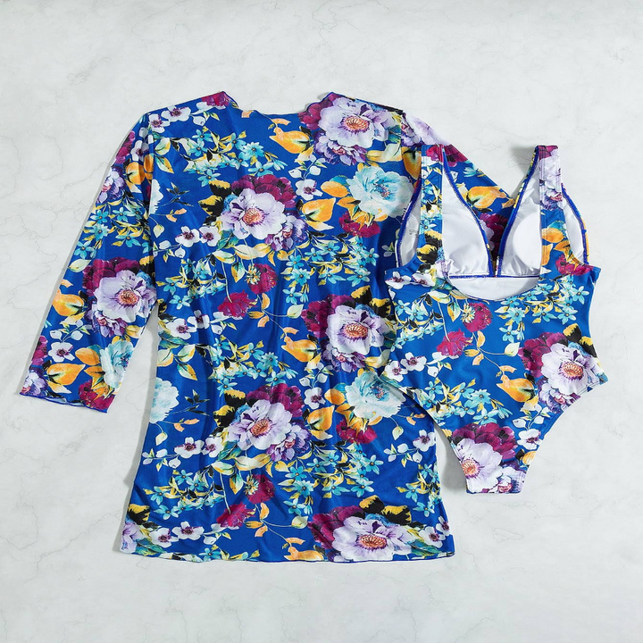 Elegant women's blue 3-piece bikini set with wrap skirt, offering a flattering fit for a complete beach or pool outfit.