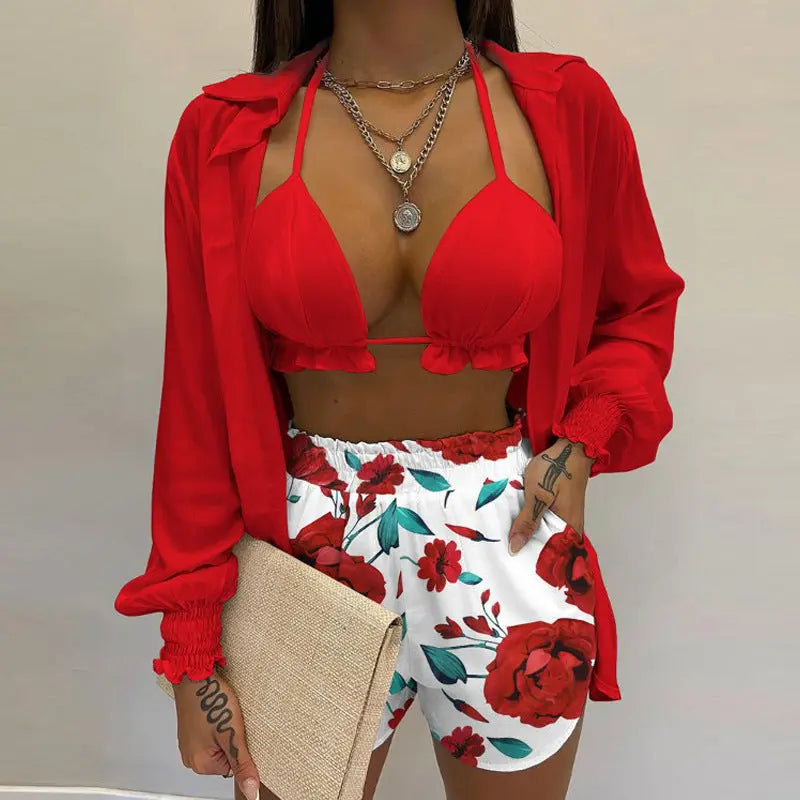 Sophisticated women's 3-piece tropical set: underwire bikini, high-waisted shorts & flowing cover-up tunic.