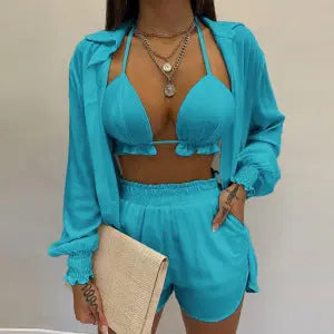 Chic women's 3-piece tropical swimwear. Includes padded bikini top, elastic waist shorts & oversized cover-up.