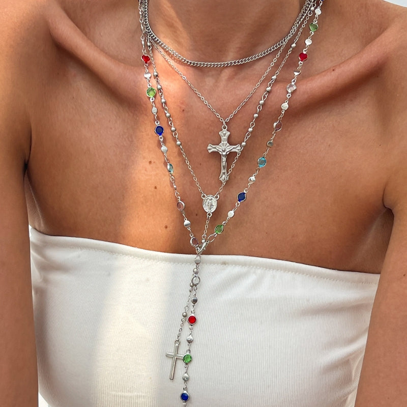 Elegant gold & silver layered cross necklace set for women, featuring crystal accents on delicate chains.