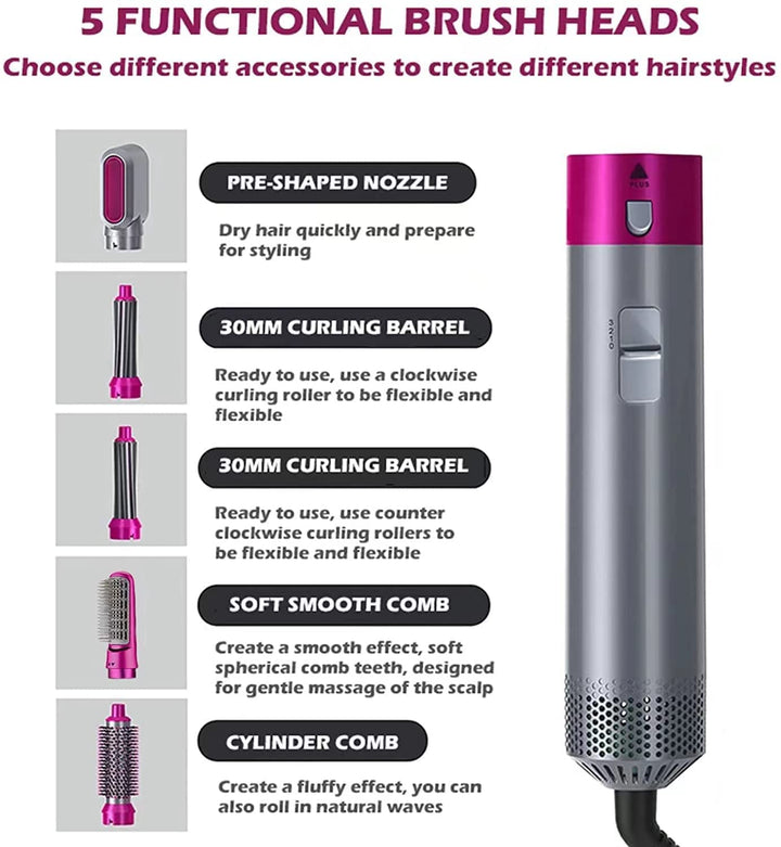 Women's beauty tool: Aurevia 5-in-1 hot air brush. Dry, style, curl, straighten, and volumize effortlessly.