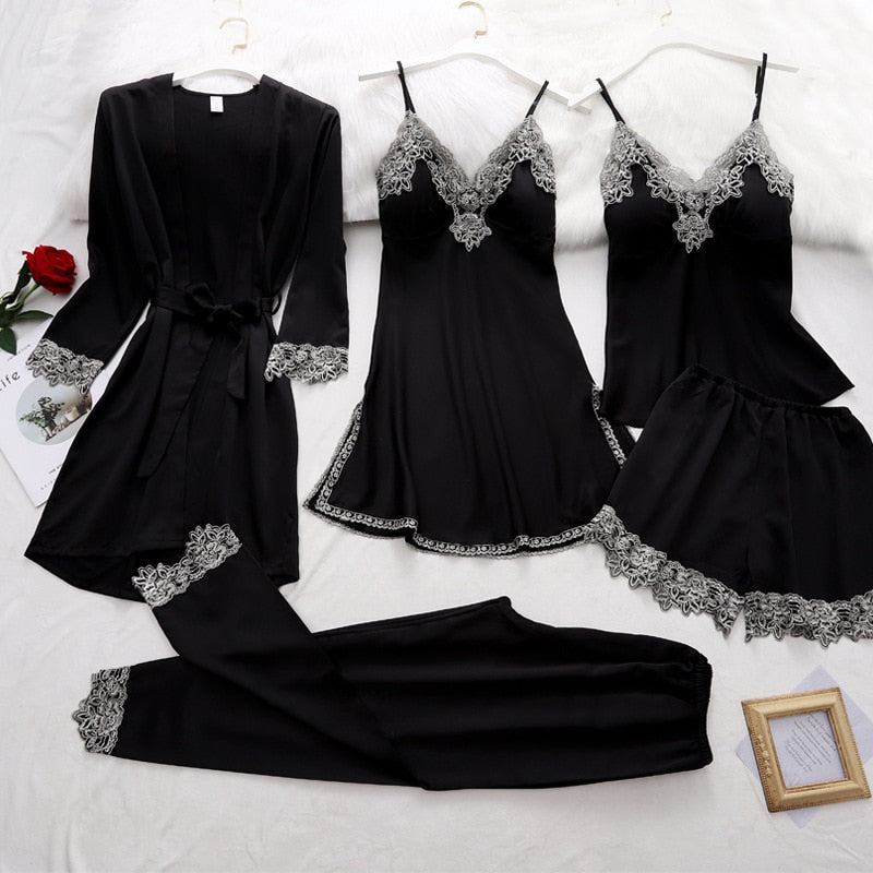 Luxurious satin robe with lace cuffs from women's 5-piece sleepwear set. Elegant loungewear & evening comfort.
