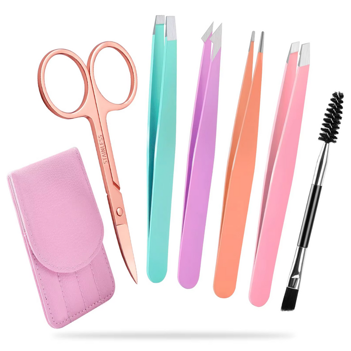 Women's 6-piece precision tweezer set in travel case for expert eyebrow grooming