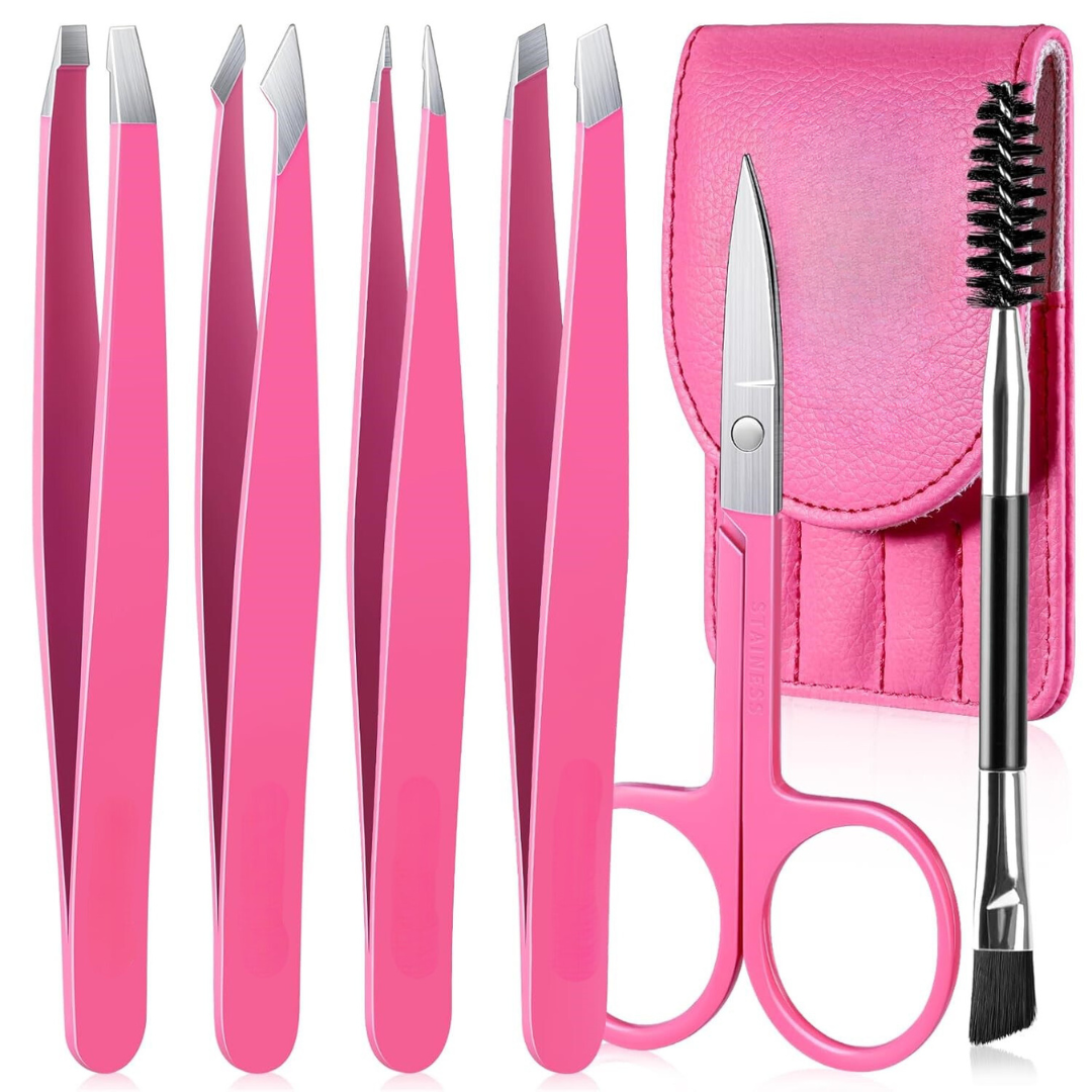 Complete eyebrow grooming kit with 6 precision tweezers and stylish travel case