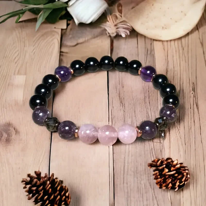 Women's 8mm rose quartz, obsidian & amethyst beaded gemstone bracelet. Natural stone, healing.