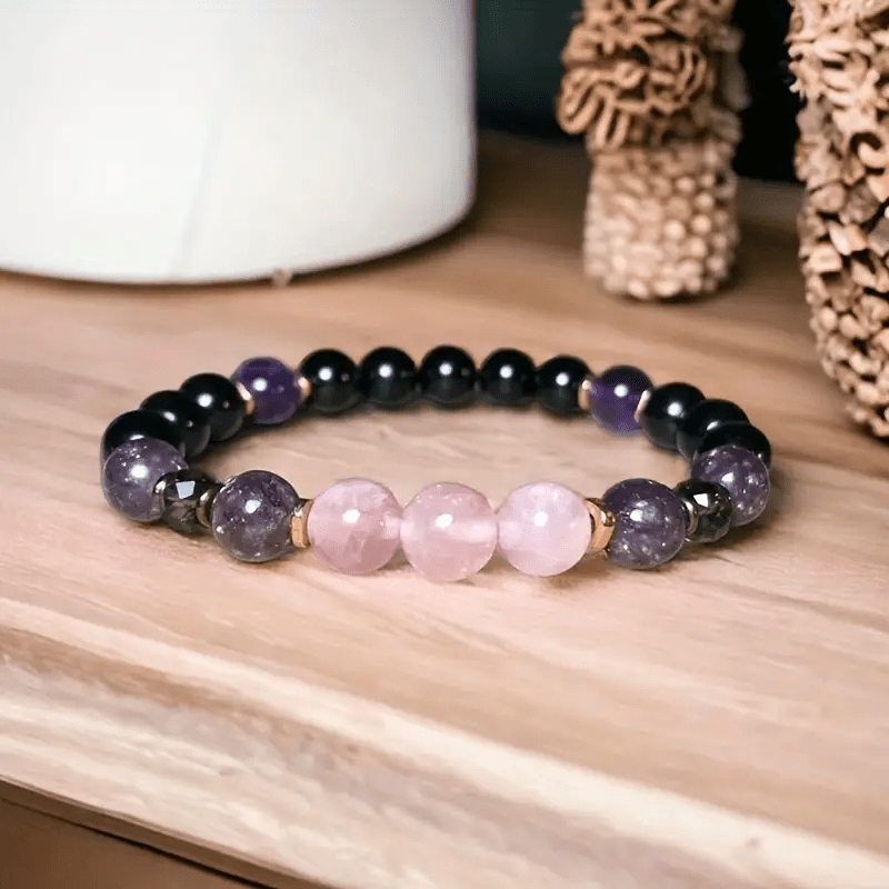 Elegant women's rose quartz, obsidian, amethyst crystal bracelet. 8mm beaded healing jewelry.