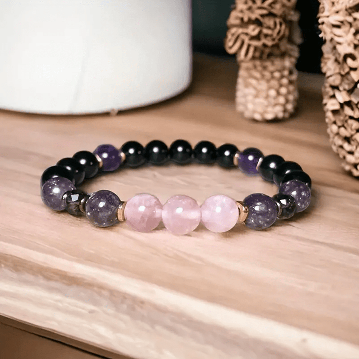 Elegant women's rose quartz, obsidian, amethyst crystal bracelet. 8mm beaded healing jewelry.