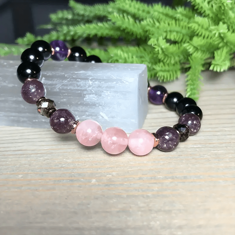 Women's spiritual healing bracelet with rose quartz, obsidian, amethyst natural gemstones. 8mm beads.
