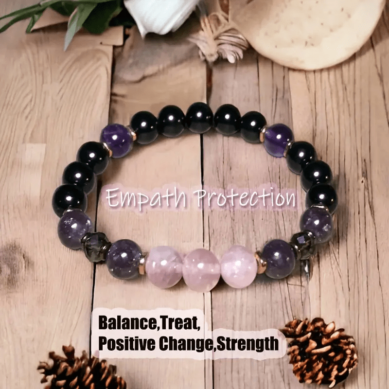Polished 8mm rose quartz, obsidian, amethyst beaded bracelet for women. Natural stone, healing crystals.