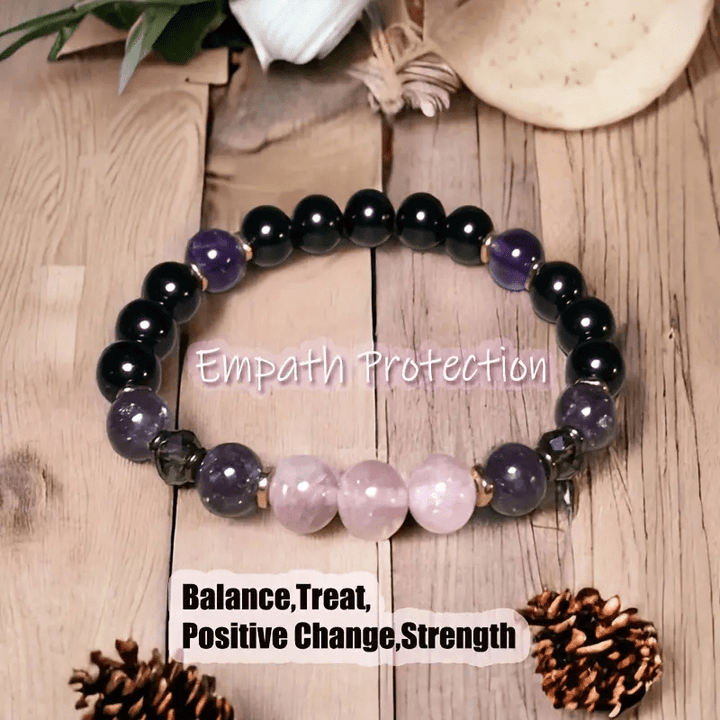 Polished 8mm rose quartz, obsidian, amethyst beaded bracelet for women. Natural stone, healing crystals.