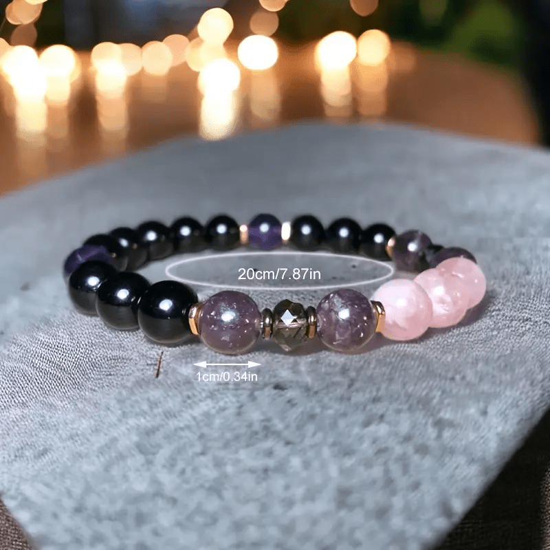 Women's 8mm natural rose quartz, obsidian, amethyst beaded bracelet. Crystal healing jewelry.