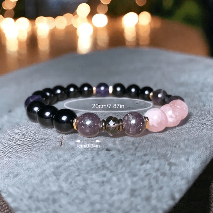 Women's 8mm natural rose quartz, obsidian, amethyst beaded bracelet. Crystal healing jewelry.