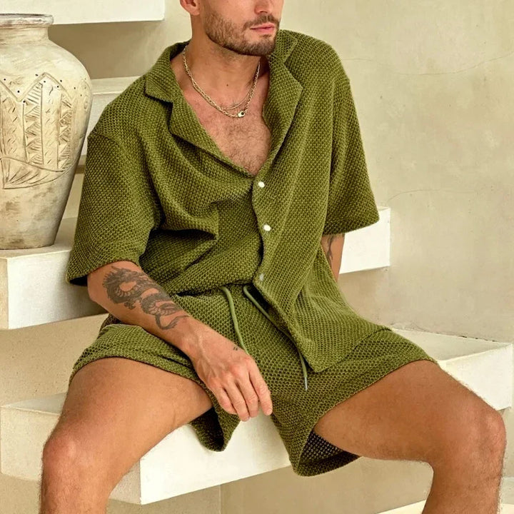 Women's 90s style knit two-piece top and shorts set. Relaxed fit summer casual outfit with textured fabric.