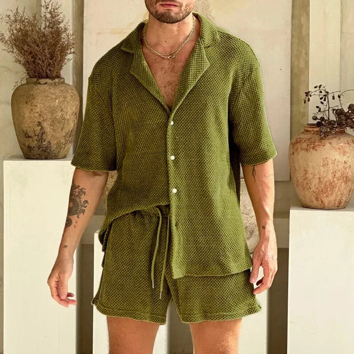 Comfortable women's 90s knit two-piece set for summer. Relaxed fit top & shorts, perfect for resort or vacation.