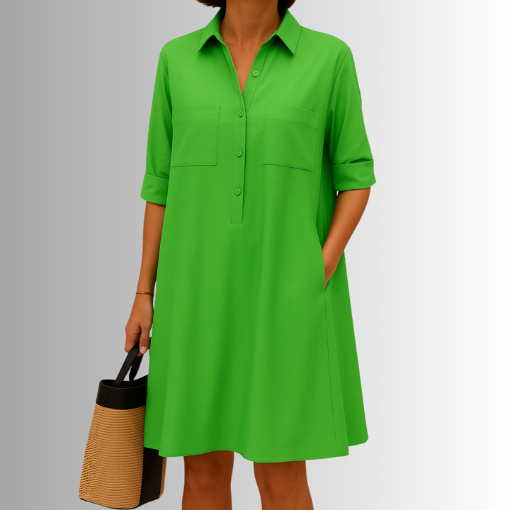 Women's A-line midi dress with full button front, collar, and pockets, perfect for casual summer wear.