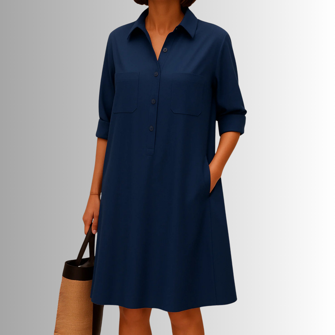Comfortable A-line button dress for women, featuring a stylish collar and practical side pockets.