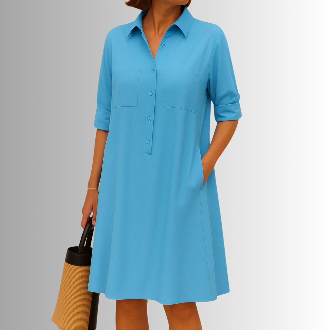 Lightweight A-line button dress for women, a comfortable and stylish collared midi for warm days.