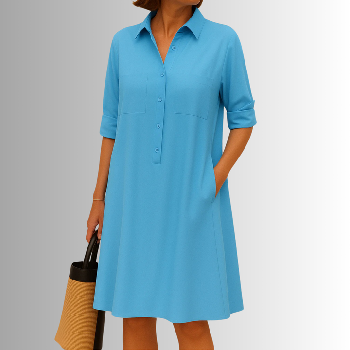 Lightweight A-line button dress for women, a comfortable and stylish collared midi for warm days.