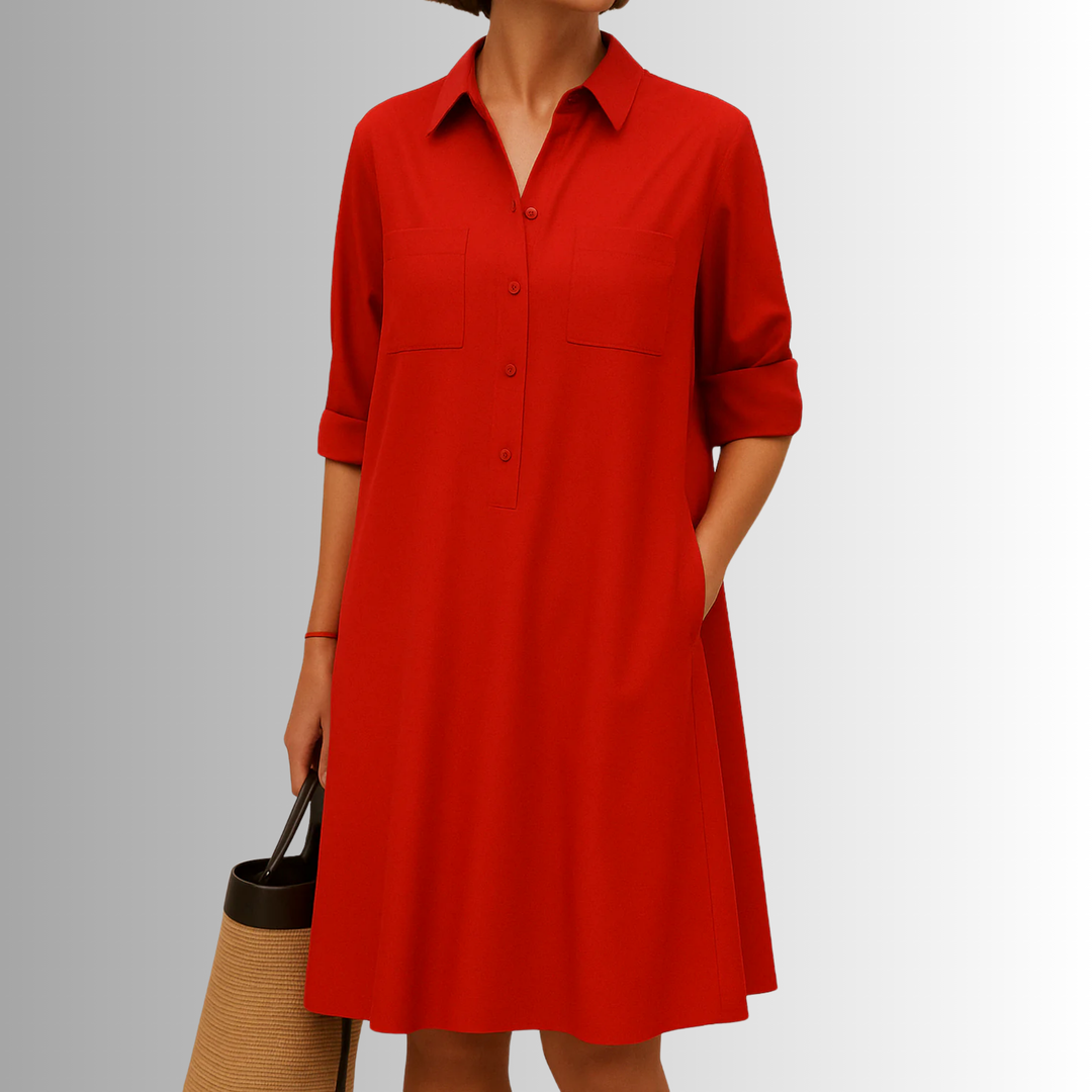 Modern women's A-line midi dress with button-front closure, collared design, and a comfortable fit.