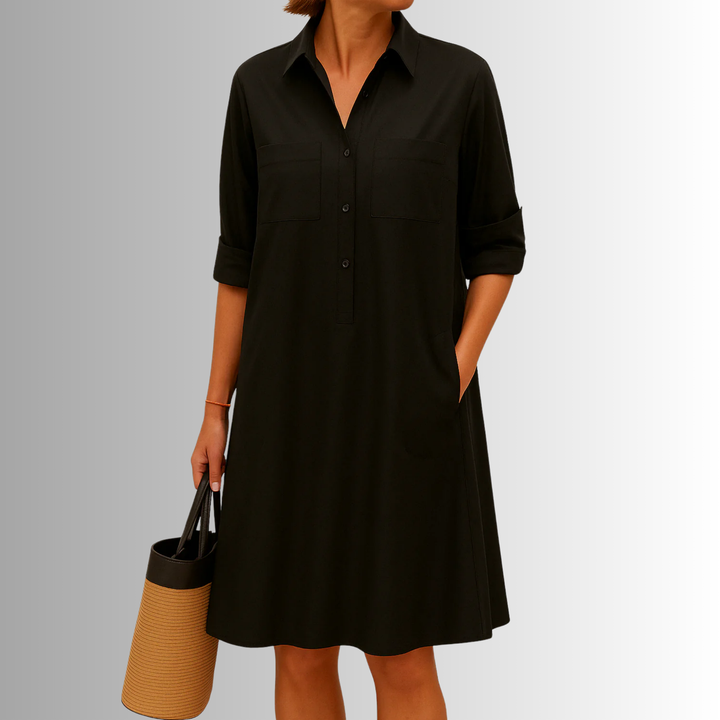 Elegant women's A-line dress with buttons & pockets, designed for everyday chic fashion and comfort.