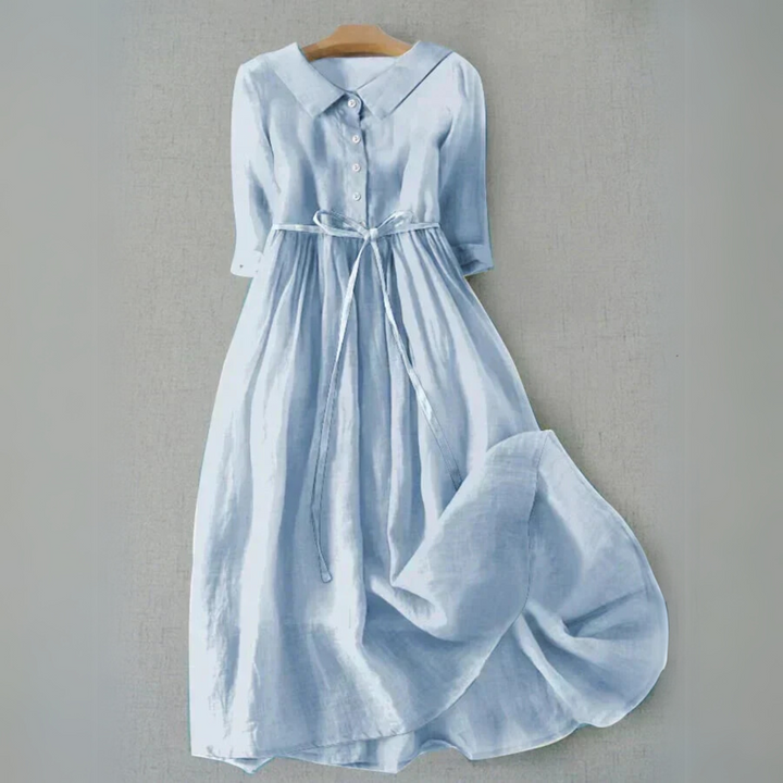 Women's A-line midi dress with short sleeves, perfect for comfortable casual everyday summer wear.