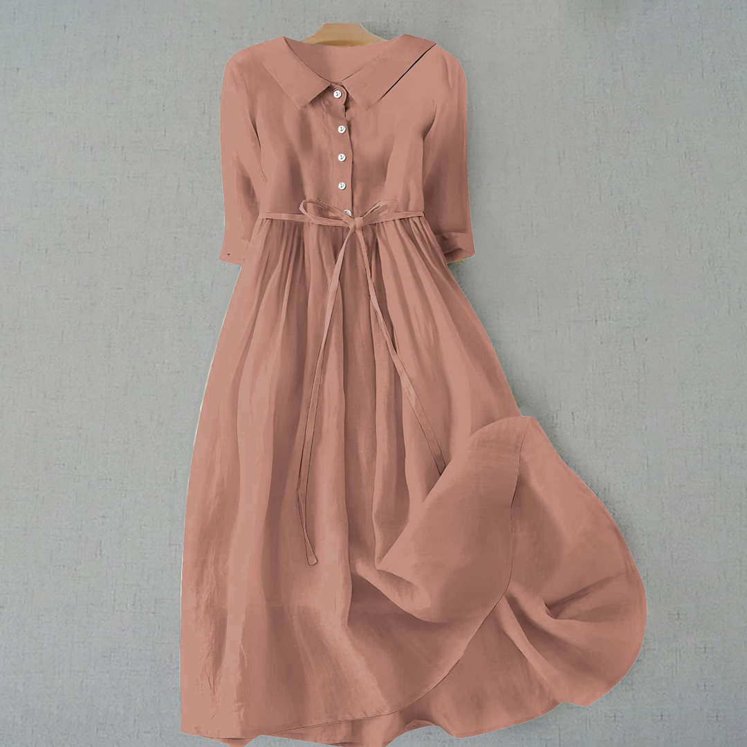 Lightweight A-line midi casual dress with short sleeves, designed for women's summer comfort.