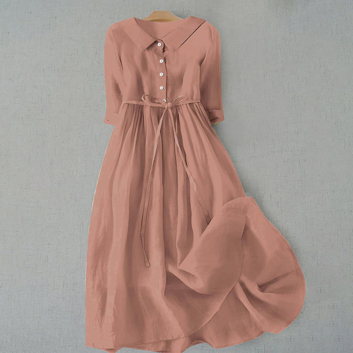 Lightweight A-line midi casual dress with short sleeves, designed for women's summer comfort.