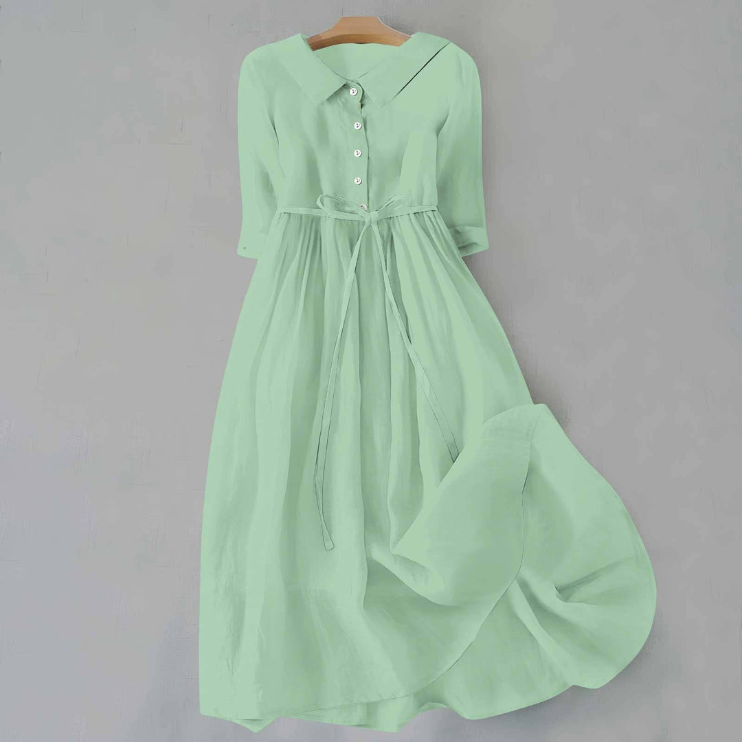 Soft women's casual A-line midi dress, short sleeves. Perfect for a comfortable everyday summer look.
