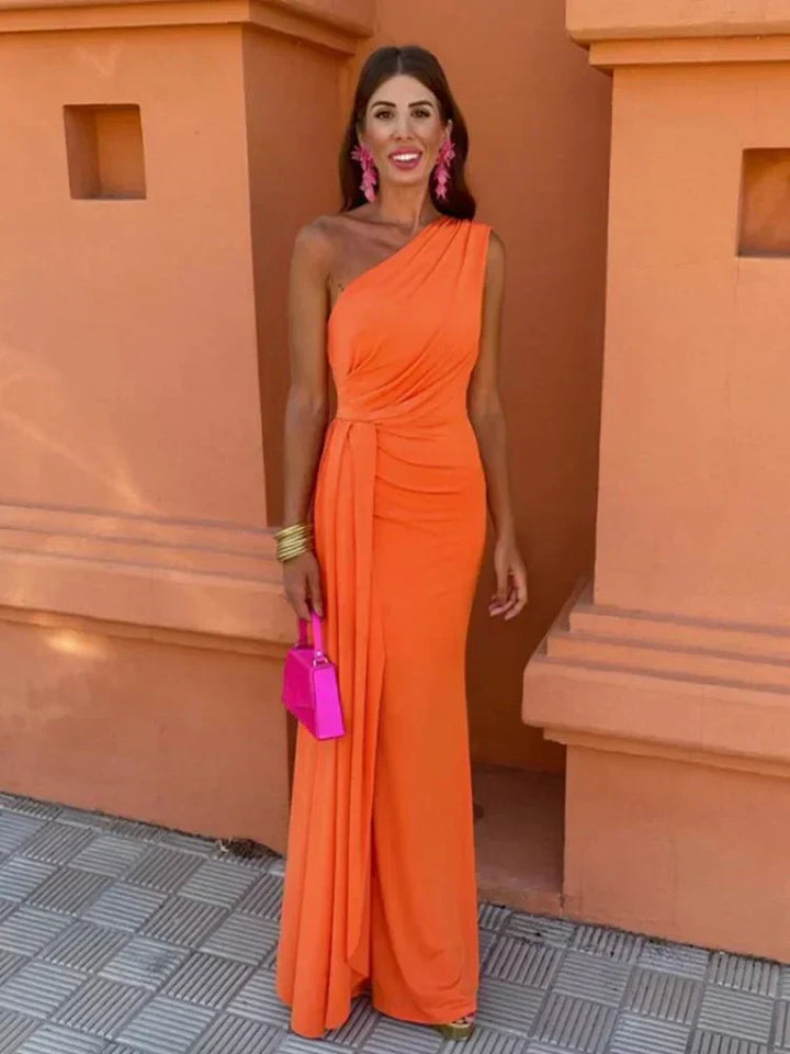 Women's A-Line sleeveless wedding guest dress in an elegant midi style, perfect for special occasions.