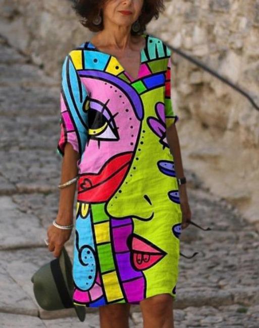 Women's abstract art print V-neck midi dress, colorful and unique, perfect for summer casual or spring fashion.