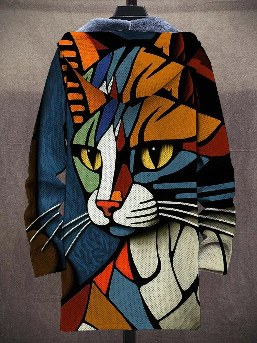 Oversized women's cozy outerwear, featuring a unique abstract cat print, ideal for casual fall & winter.