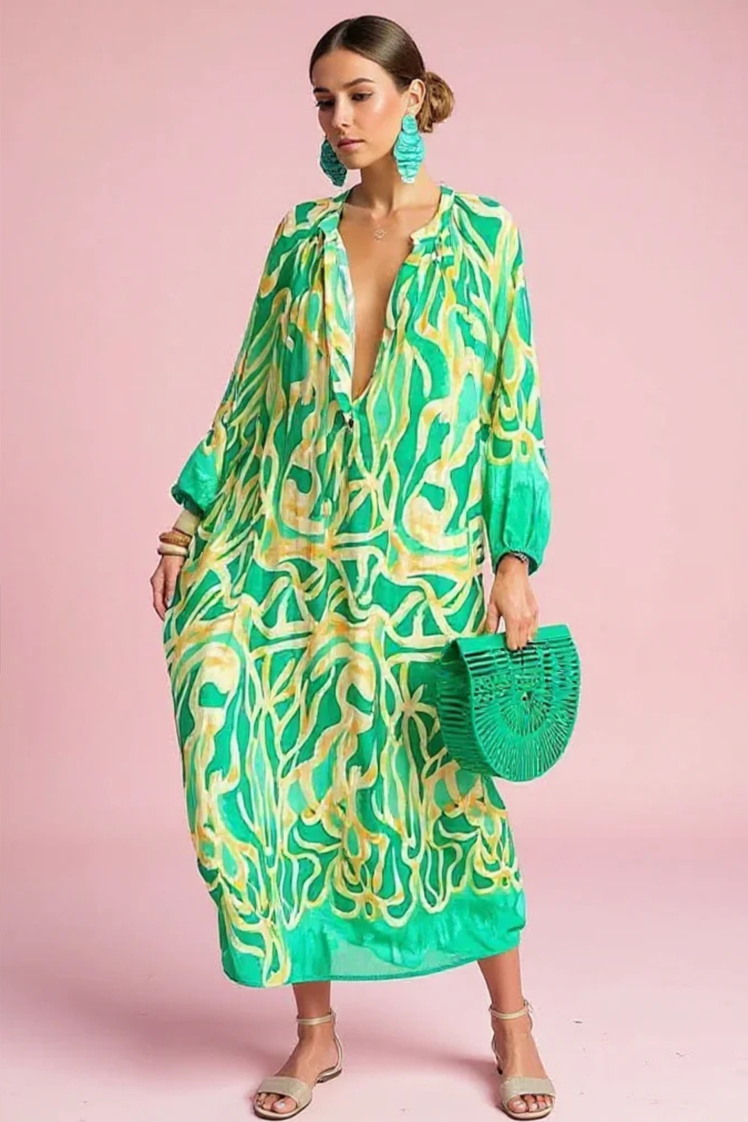 Women's abstract print V-neck kaftan maxi dress. Flowy, comfortable resort wear perfect for summer & vacation.