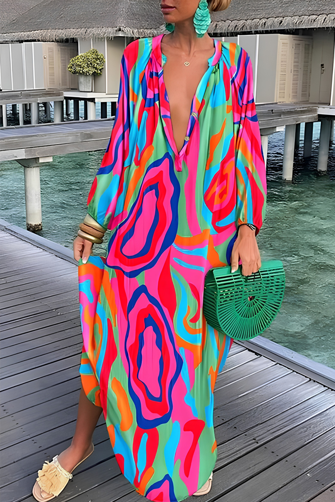 Unique abstract print V-neck kaftan maxi dress for women. Flowy, relaxed fit ensures ultimate summer comfort.