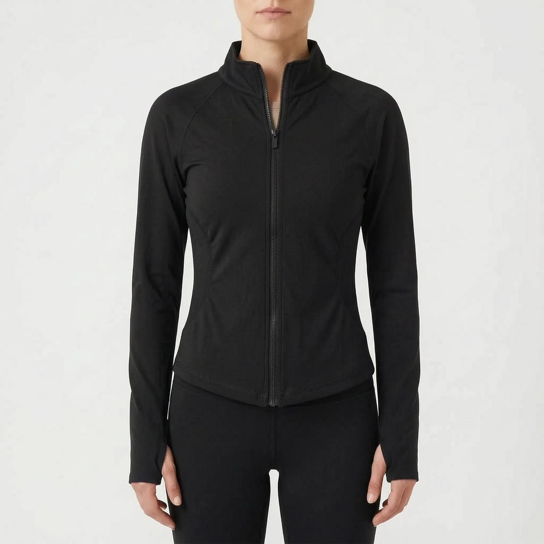 Lightweight women's athletic jacket. Flexible long sleeve top for training, gym, or casual wear.