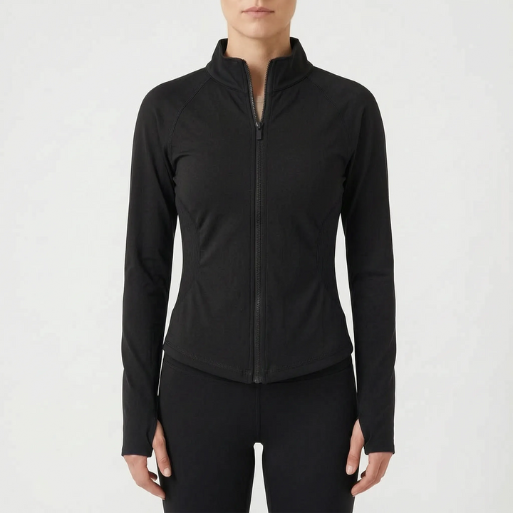 Lightweight women's athletic jacket. Flexible long sleeve top for training, gym, or casual wear.