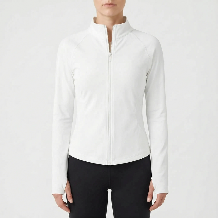 Dynamic women's long sleeve activewear jacket. Quick-dry performance wear for running and fitness.