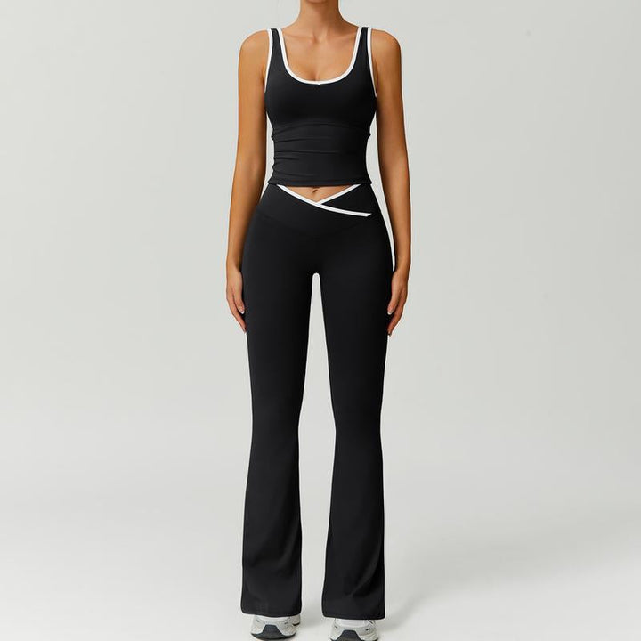 Stretchy women's workout set featuring comfortable capri leggings and a matching athleisure sports bra.