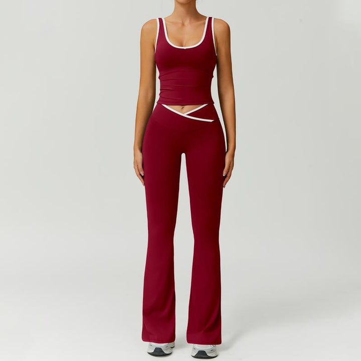 Comfortable women's athleisure wear: two-piece set with capri leggings and a supportive sports bra.