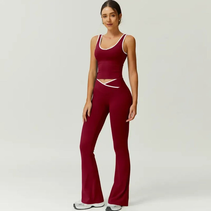 Stylish women's fitness outfit: a comfortable capri legging & sports bra set, perfect for athleisure wear.