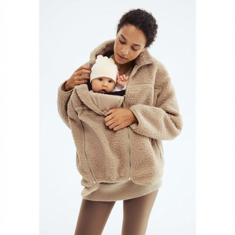 Women's adaptive plush jacket, cozy & warm, perfect for maternity, babywearing, and everyday fall/winter wear.