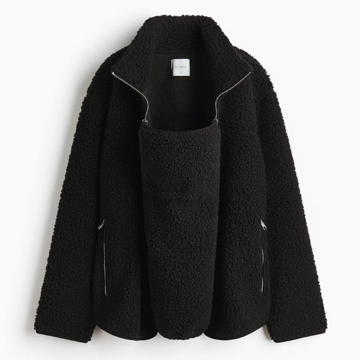 Deep blue women's adaptive plush jacket, a stylish & warm fall/winter outerwear for new moms.