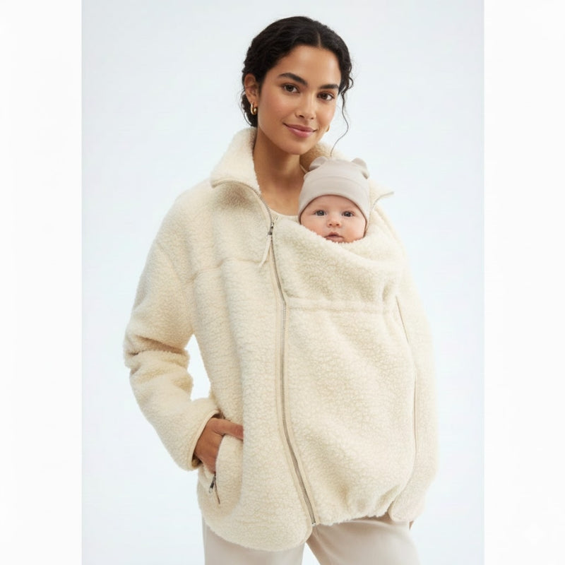 Close-up of the durable zipper and cozy hood on a women's adaptive maternity & babywearing jacket.