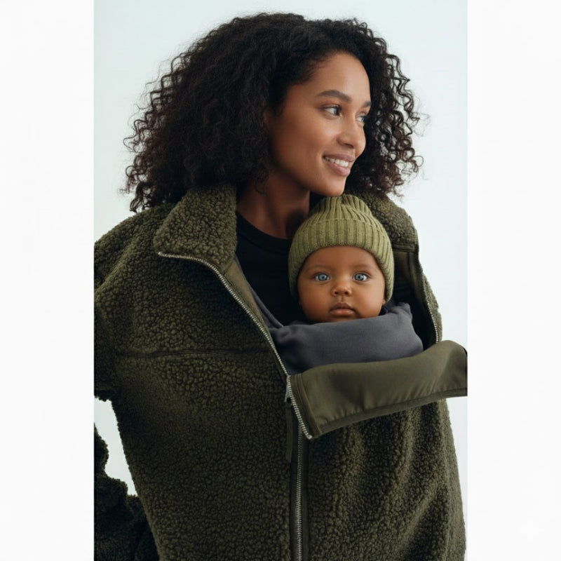 Woman wearing a stylish gray adaptive plush jacket, offering comfort for maternity & babywearing.